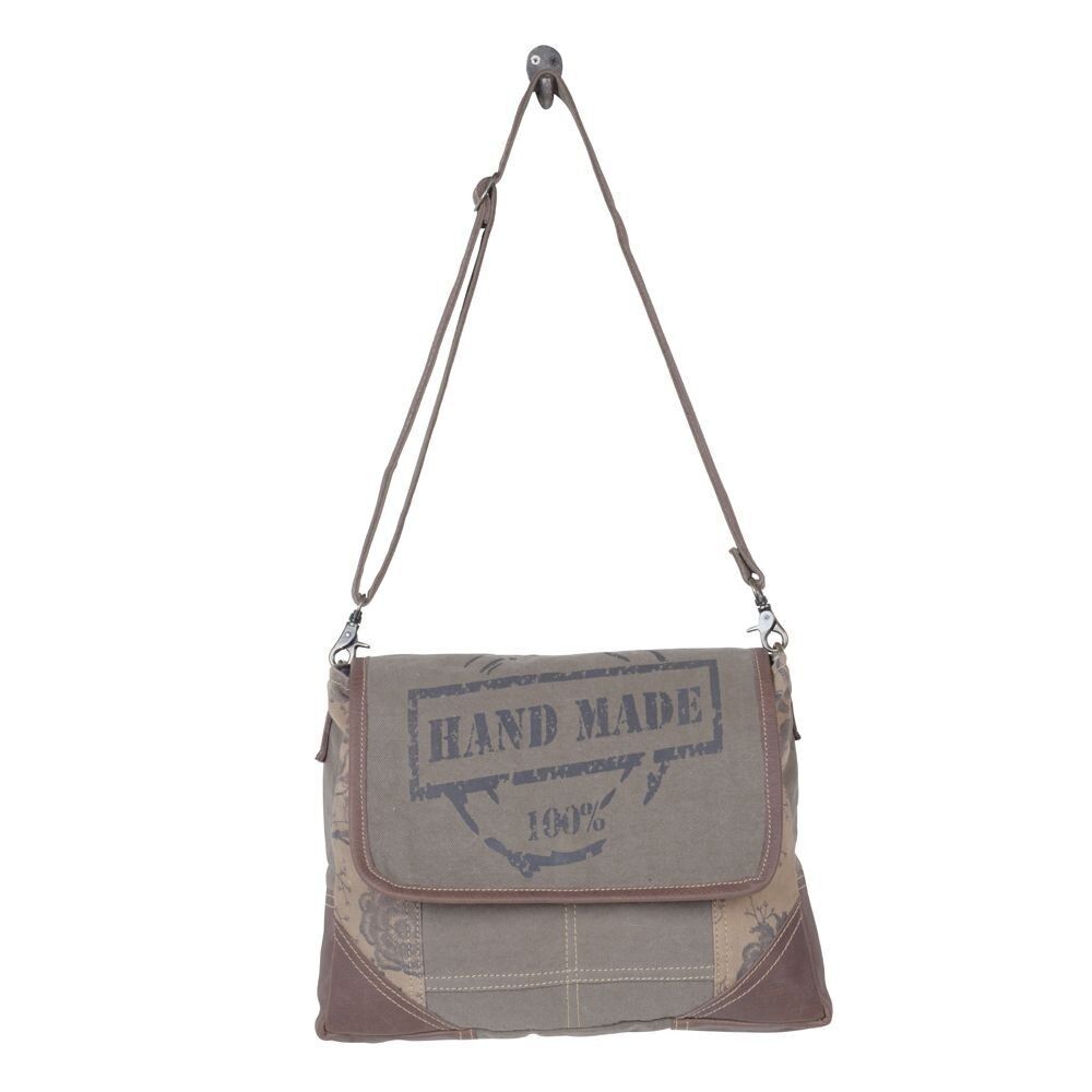 Myra Bag Handmade Wildest  Messenger Bag Upcycled Canvas & Cowhide Leather - Picture 5 of 9